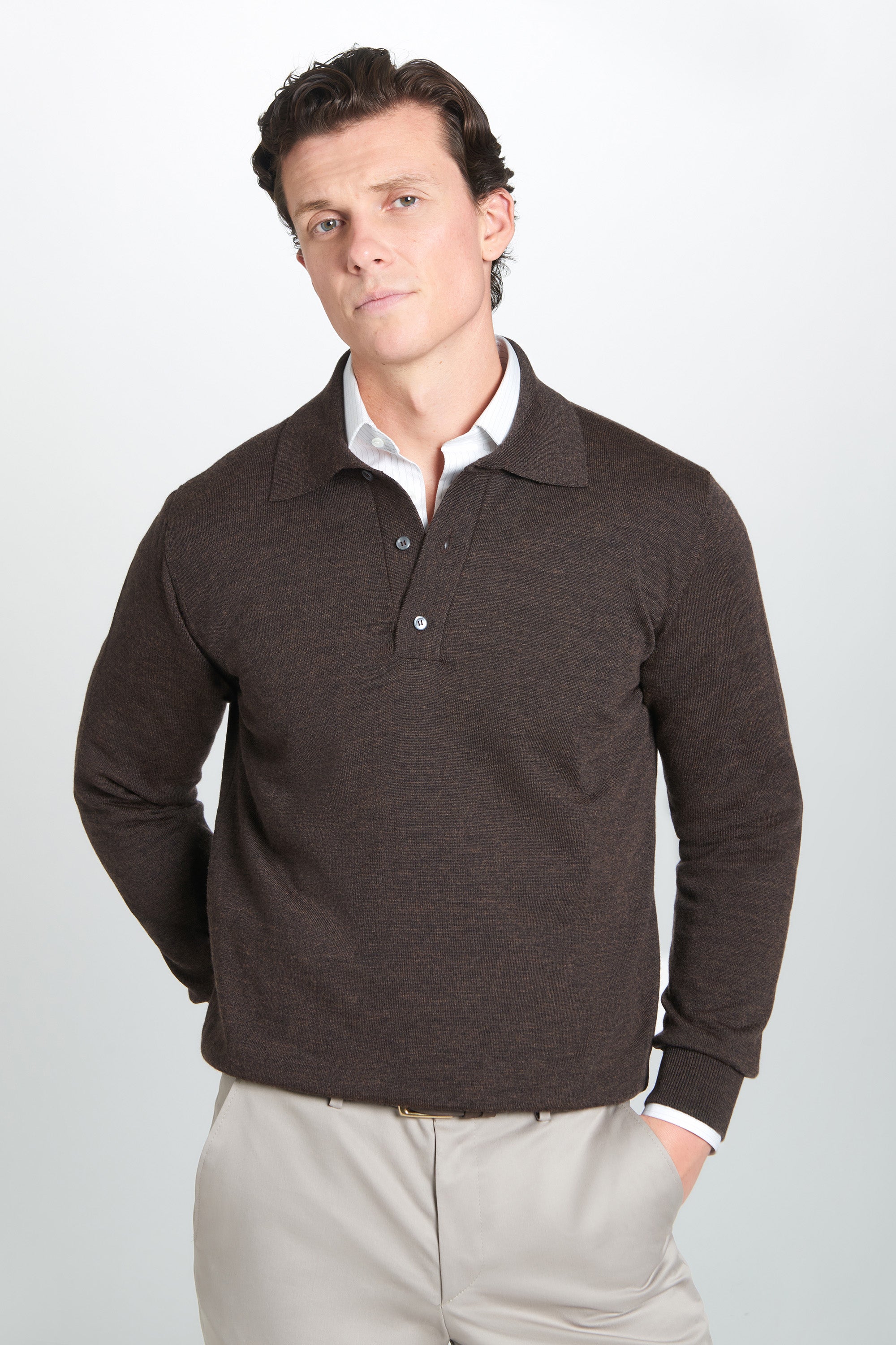 Chocolate Merino Wool Long Sleeve Polo Shirt