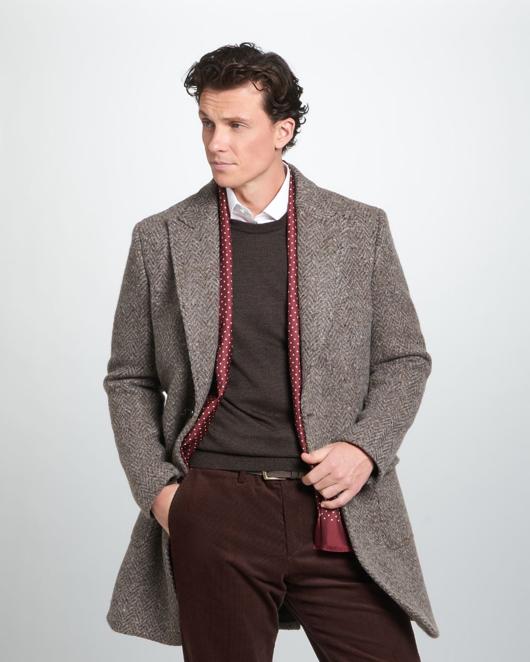 Brown British Wool Herringbone Peak Lapel Overcoat