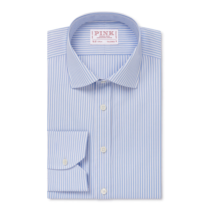 Pale Blue & White Tailored Fit Essential Bengal Stripe Formal Shirt