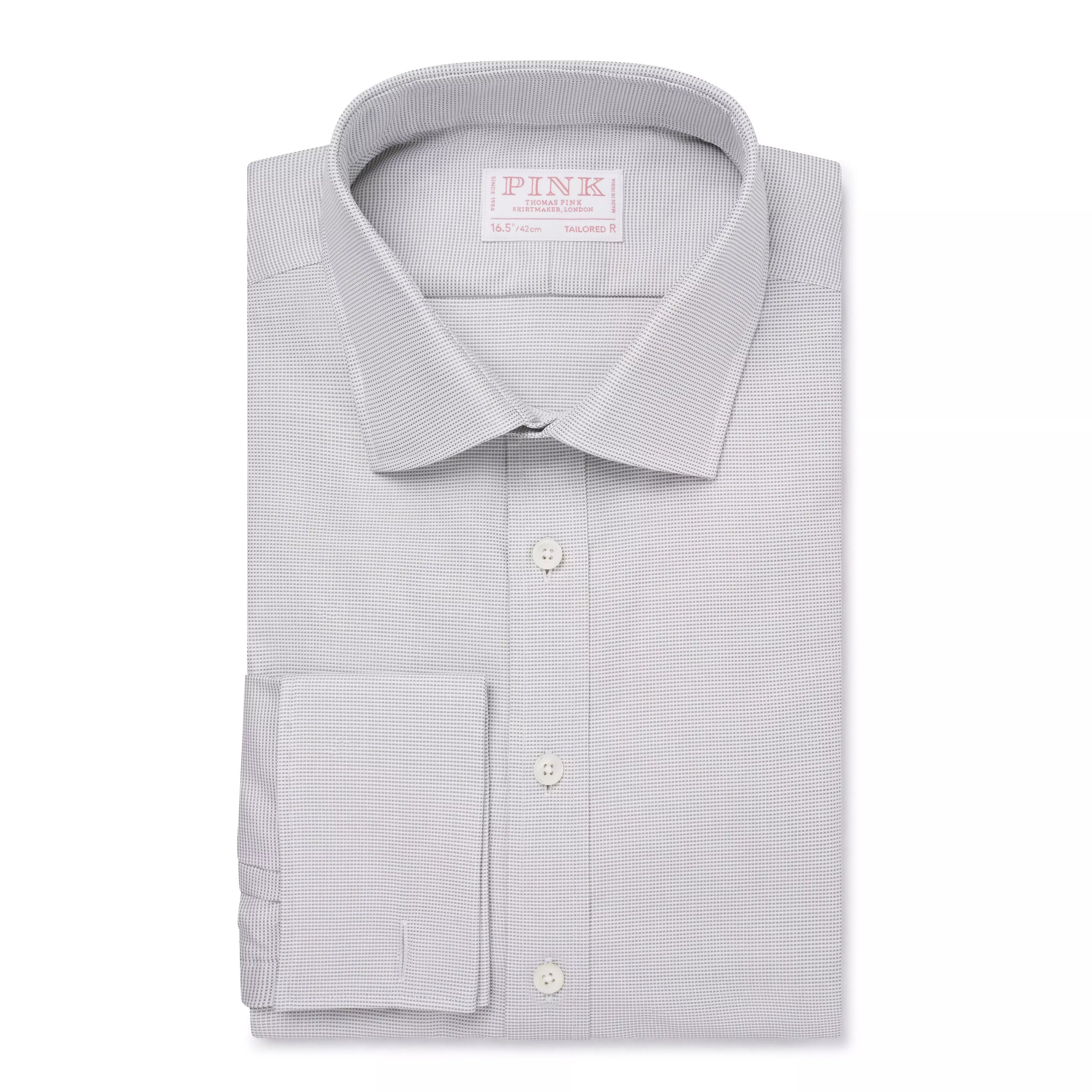 Pale Grey Tailored Fit Double Cuff Jacquard Micro Check Formal Shirt